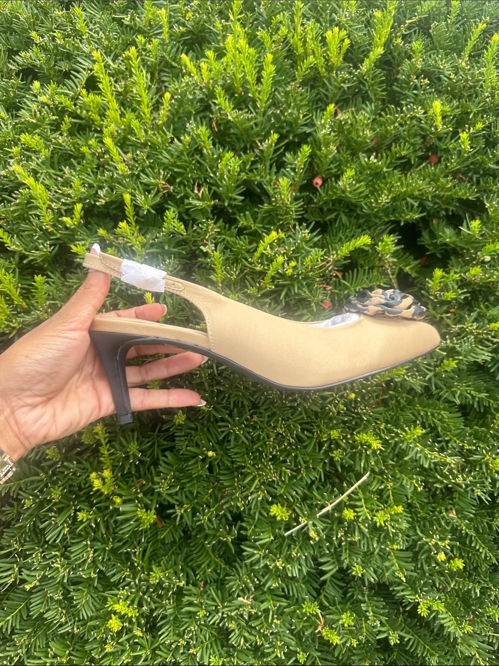 Ashro Beige Slingback Kitten Heel Pumps with Floral Accent